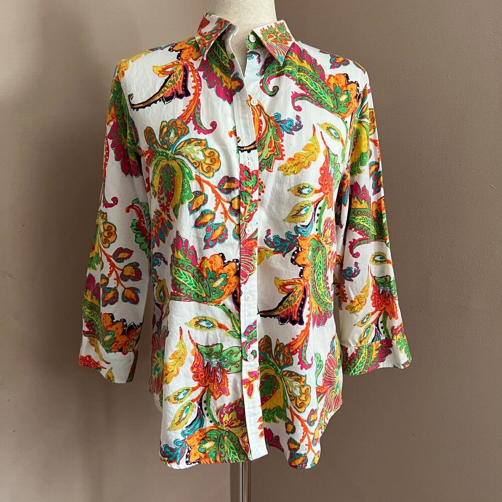 Lauren Ralph Lauren Paisley Button Down Shirt Colorful 100% Cotton Preppy Size L